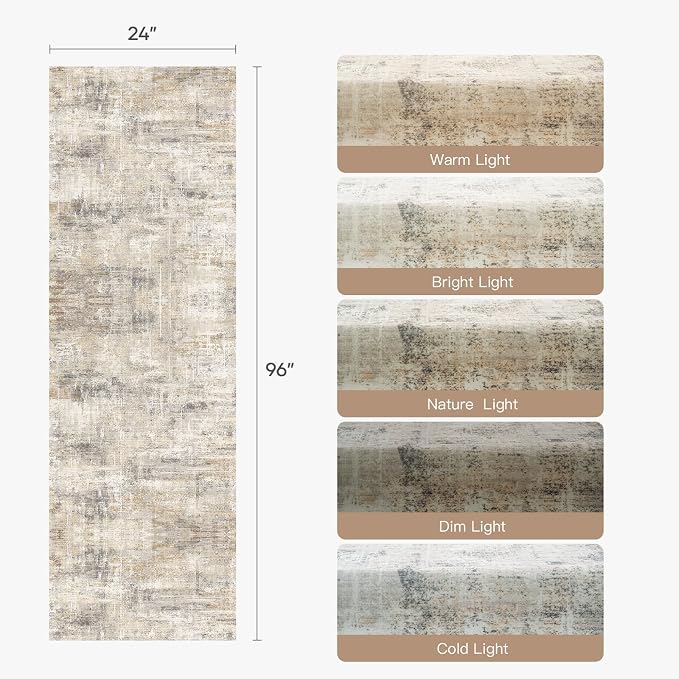 2X8 Area Rug for Hallways, Gold Abstract Washable Non-Slip Runner Rugs | Low Pile Runner Rugs, Soft Carpet for Kitchen Bathroom Bedroom Laundry, Stain Resistant Foldable Non-Shedding Distressed Rug
