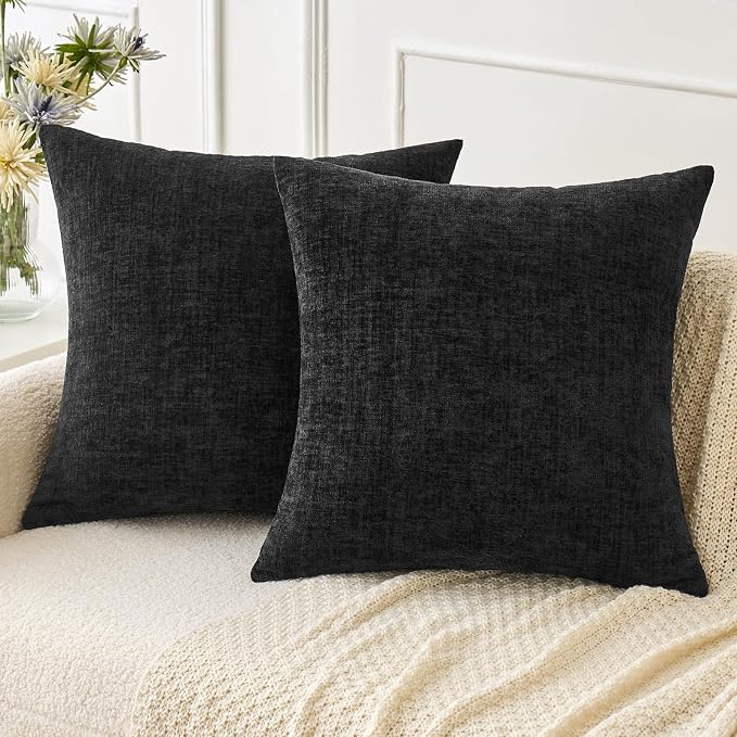 MIULEE Soft Chenille Throw Pillow Covers Black 16x16 Inch Pack of 2 | Modern Home Decor, Classic Decorative Pillows, Solid Dyed Cases, Boho Couch Cushion Covers for Sofa Bed Living Room