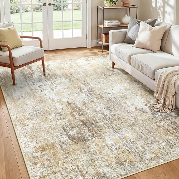 RELEANY Washable 4'x6' Abstract Area Rug for Living Room Neutral Brown | Carpet for Bedroom, Kitchen, Office, Hallway and Entryway, Printed Pattern, Non‑Slip, Soft, Stain‑Resistant, Easy to Clean