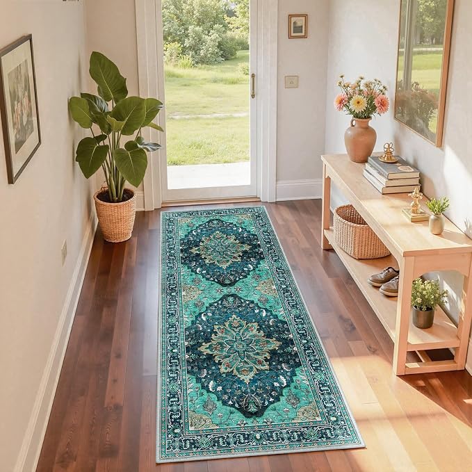 RELEANY Washable Area Rug, Runner 2'x6', Teal | Non-Slip, Water Repellent, Pet Friendly, Easy to Clean, Vintage Floral Boho Decor for Kitchen Entry Bedroom Bedside Laundry