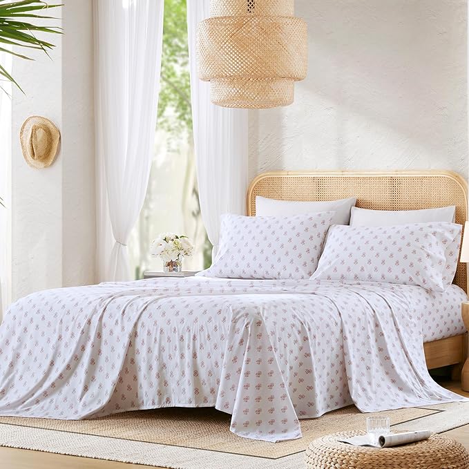 Comfort Spaces 100% Cotton Percale Sheets Twin Sheet Set 3 Pcs, Floral Pink | Crisp, Cool & Breathable Bed Sheets, 12" Deep Pocket Fits Up to 14" Mattress, Lightweight, All Season Cozy, with Pillow Case