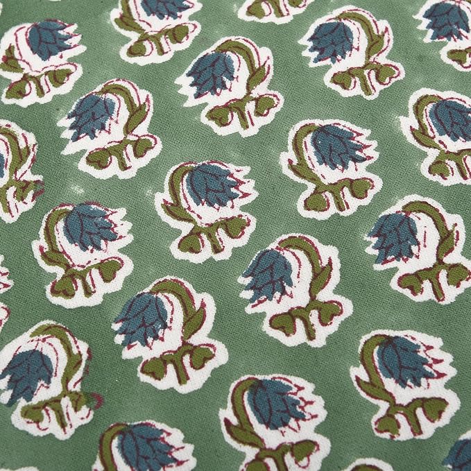 Ridhi Block Print Basil Green Ruffle Lumbar Pillow Shams, 20" x 12" | 100% cotton, Floral Pillowcase, Cushion Cover, Hidden Zipper, Cottagecore Bedding, farmhouse boho style, fits couch, sofa,Bed