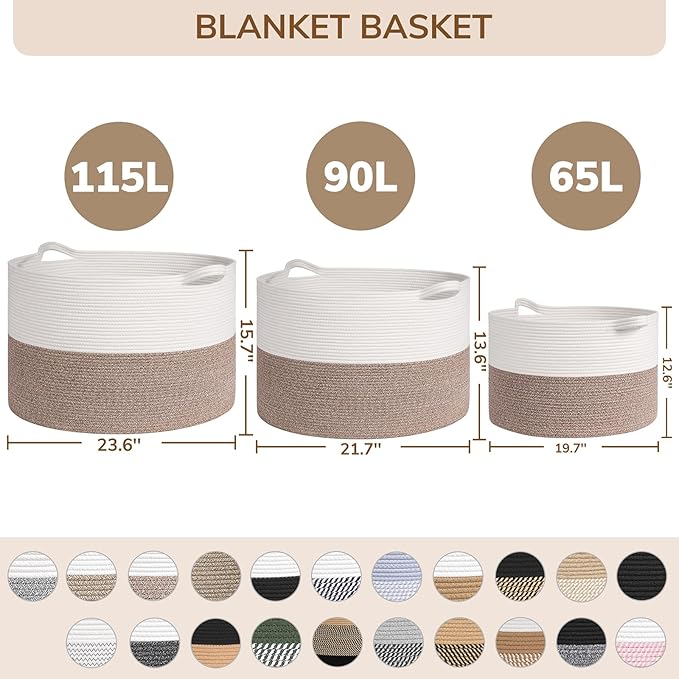 INDRESSME 115L Extra Large Woven Rope Blanket Basket Living Room, Navy | 23.6" x 15.7" Storage baskets for toys laundry & pillows. For living room, bedroom nursery decor. soft-touch, family-sized