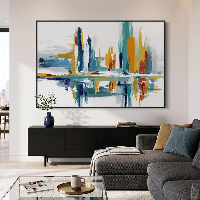 Extra Large Framed Colorful Abstract Wall Art for Living Room, 60x40 In | Bright multicolor picture, Horizontal canvas prints, Wood frame, Modern paintings artwork, Wall decor for bedroom dining room