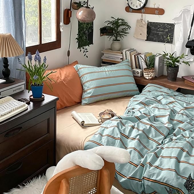 mixinni Retro Mint Blue Striped Duvet Cover Set - 100% Natural Cotton 3-Piece Vintage Stripes Pattern Printed Bedding Set, Soft Breathable Comforter Cover with Zipper & Ties, Twin XL Size