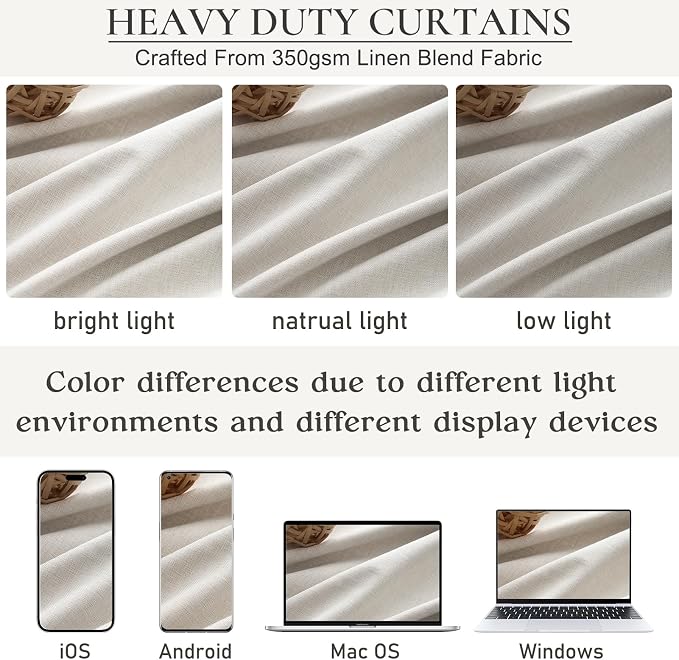 100% Blackout Curtains 90 Inches Long for Living Room 2 Panels Set, Room Darkening Energy Saving Curtain Window Coverings Elegant Flax Linen Hook Belt Pleated Drapes Aesthetic Bedroom(W50"xL90",Birch)