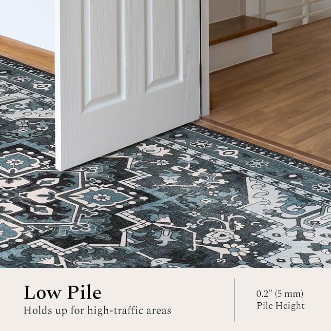 Rugflix 4x6 Area Rugs for Living Room, Washable Dark Navy Blue Rug | Machine Washable; Stain-Resistant; Low Pile; Non-Slip; Vintage Farmhouse; Carpet for Bedroom Dining Office Nursery Home