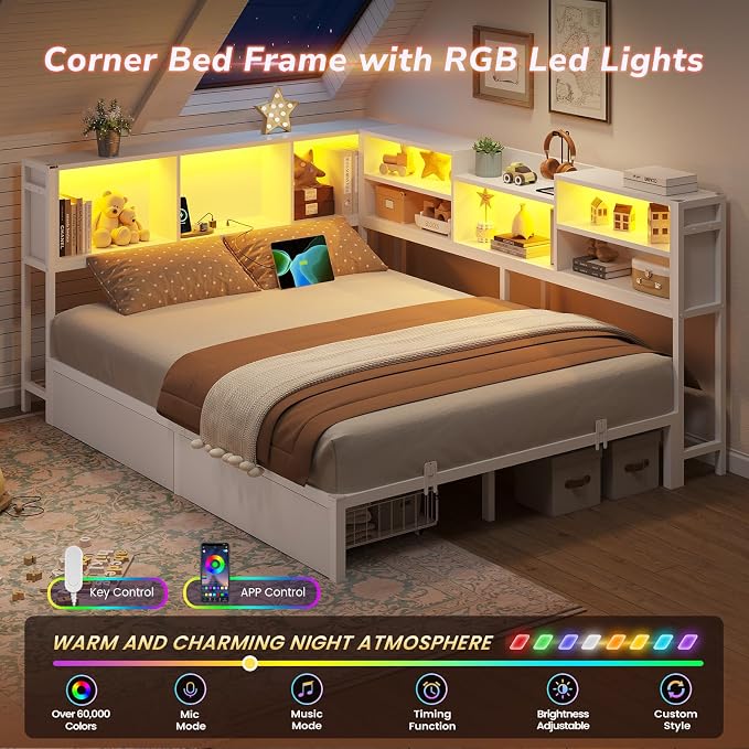 DICTAC Full Corner Bed Frame with 2 Storage Drawers and Bookcase Headboard,Full Size Metal Platform Bed Frame with Charging Station and Led Lights,Modern Full Daybed for Kids,Teen and Guests,White
