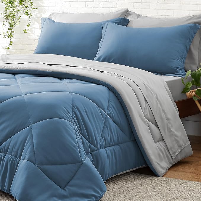 BEDELITE Full Comforter Set 7 Pieces, Reversible Blue Bed in A Bag | Soft All Season Down-Alternative Comforter, Sheets, Pillowcases & Shams, OEKO-TEX Certified Bedding for Bedrrom, Guest Room