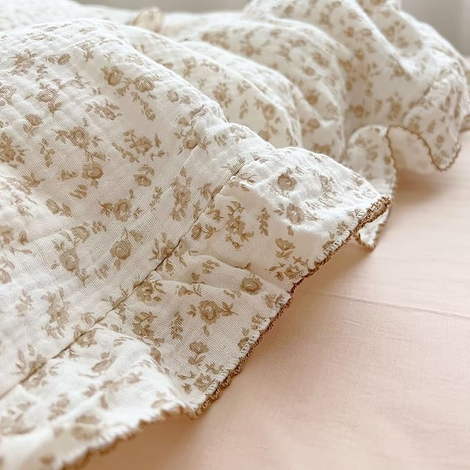 Soft Cotton Muslin Duvet Cover Girls Kids Floral Duvet Cover Beige Crib Bedding Comforter Cover Quilt Cover, 47"x59", Camellia Print (Pillowcases Not Included)