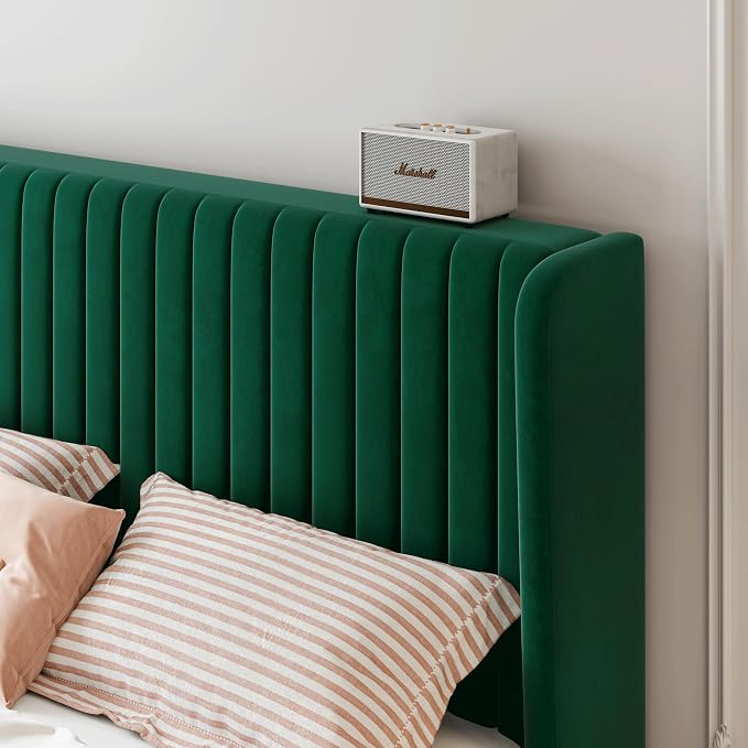 SHA CERLIN Queen Size Velvet Bed Frame, Tufted Wingback Headboard, Green | 47'' Modern Vertical Channel Headboard, Upholstered Platform Bed, Wood Slats, No Box Spring Needed, Easy Assembly, Noise Free