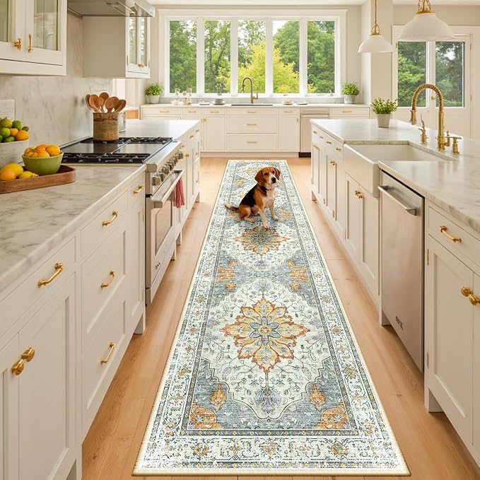 RELEANY Washable Area Rug, Runner 2'x10', Beige/Carbon Grey/Orange | Non-Slip, Water Repellent, Pet Friendly, Easy to Clean, Vintage Floral Boho Decor for Kitchen Hallway Bedroom Laundry