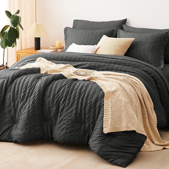 Oversized King Seersucker Comforter Set, Dark Grey, 120 x 98 in | OEKO-TEX Certified, 7 Pieces Bed in a Bag with 240 GSM Down Alternative Comforter, Flat & Fitted Sheets, Pillowcases & Shams