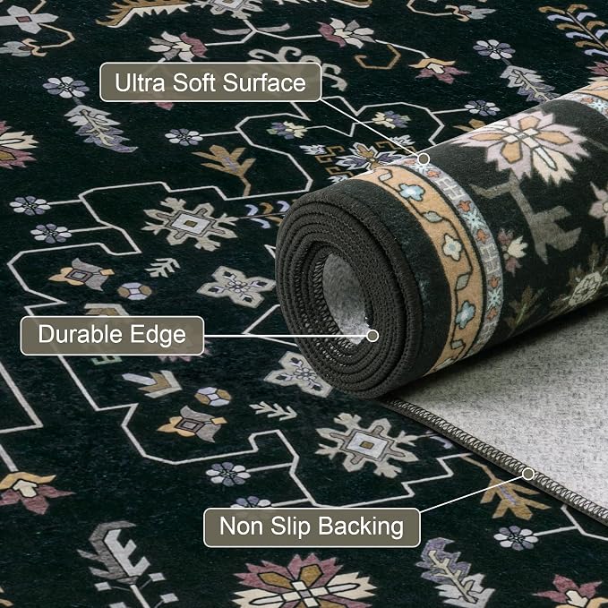 Round Area Rug for Living Room: 4ft Washable Rug for Bedroom Black | Vintage Boho Soft Round Rug Indoor Floor No Slip Carpet Stain Resistant Rugs for Bedroom Dining Room Nursery Home Office
