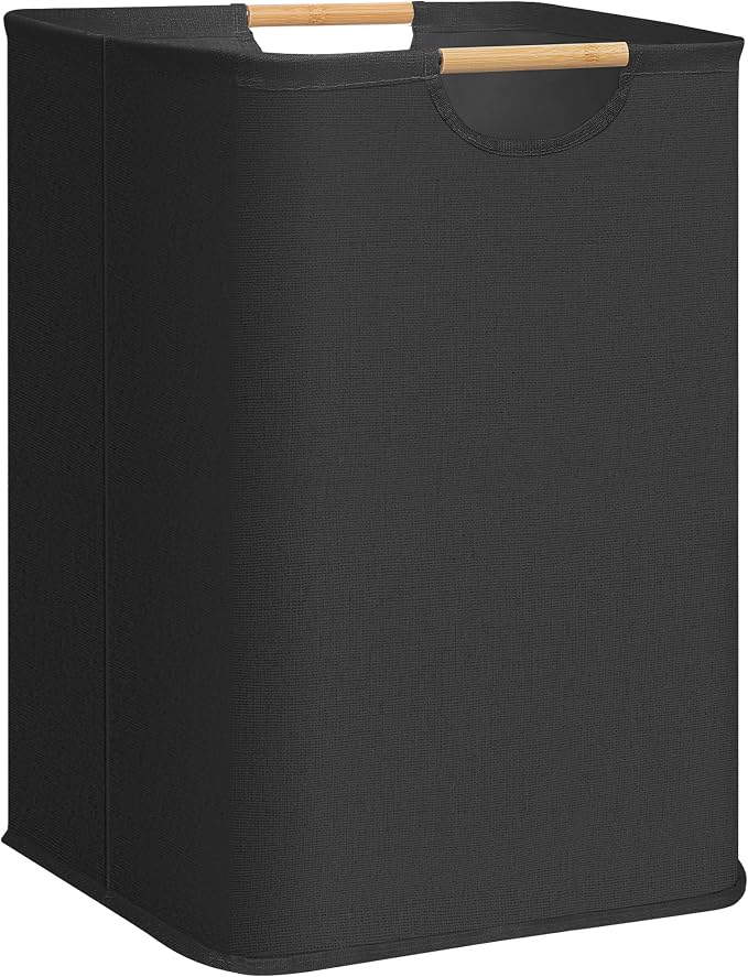 STORAGE MANIAC 1-Pack Large Laundry Hamper, 100L (26.4 Gal) Collapsible Laundry Basket with Bamboo Handles, Freestanding Waterproof Clothes Hamper for Laundry Room, Bedroom, Dorm, Towels, Black