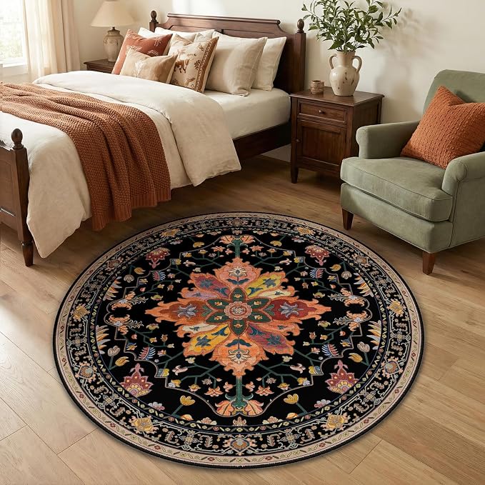 RELEANY Washable Area Rug, Round 4ft, Black/Colorful | Non-Slip, Water Repellent, Pet Friendly, Easy to Clean, Vintage Floral Boho Decor for Living Room Bedroom Dining Room Entry