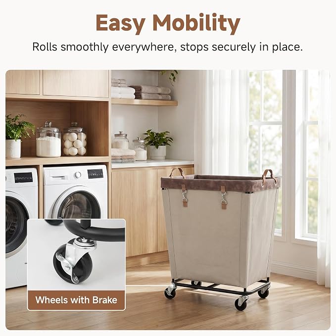 StorageWorks 210L Laundry Basket with Wheels, Rolling Hampers for Clothing | Large Light Kahki Laundry Basket with Wheels & Handles, Rolling Cart for Bedroom, Bathroom, Dorm, Hotel