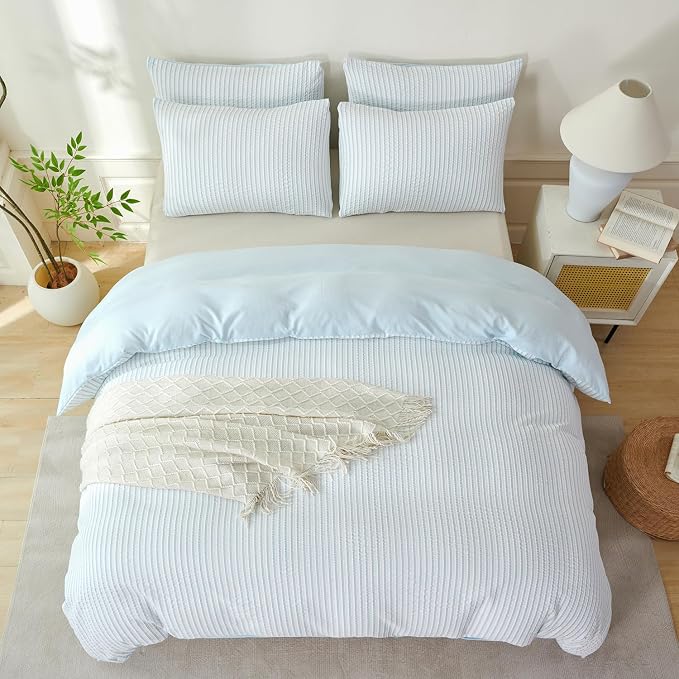 Comforter Queen Set Light Blue Striped Soft Luxury Washed Microfiber Jacquard 3 Pieces Bedding, White Light Blue Vertical Ticking Stripes Comforter with 2 Pillowcases Breathable Durable Comfy