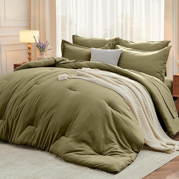 7 Pieces Queen Comforter Set, Soft Bed in a Bag Queen Size, All Season Bedding Set with Comforter, Flat Sheet, Fitted Sheet, Pillowcases & Shams, Olive Green