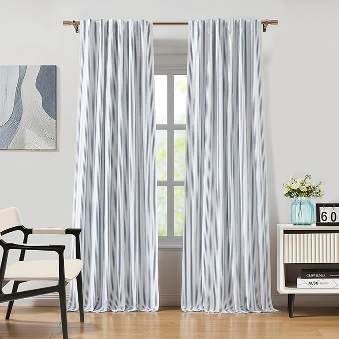 ZJDECOR Blue Striped Blackout Curtains 84 Inches Length,Back Tab Rod Pocket | Ticking Stripe on White Cotton Blend Light Filtering Fabric with White Liner,Modern Bedroom Window Treatment,55"Wx84"Lx2