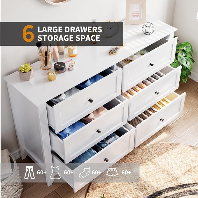 Garvee White 6-Drawer Dresser for Bedroom, 54" Long Chest of Drawers | Modern Lacquered Storage Drawers Organizer, 15.8"D x 54"W x 31.5"H, Storage Dresser with Deep Drawers for Hallway Entryway