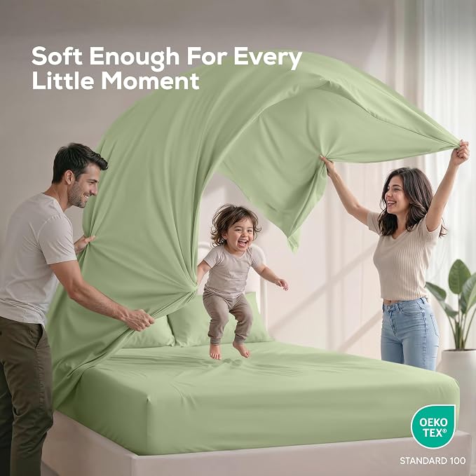 Full Sheets Set, 4 Pieces 16" Deep Pocket Hotel Luxury Bed Sheets, Sage | Extra Soft Bedsheet Set, Comfy & Breathable Cooling Sheets, Wrinkle & Fade Resistant, Fitted Sheet, Flat Sheet, 2 Pillowcases