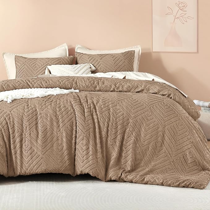 Litanika Queen Size Comforter Set, 3 Pieces Taupe Tufted Boho Bedding Set | Farmhouse Shabby Chic Vintage Bohemian Textured Aesthetic Soft Fluffy Lightweight Breathable All Season Bed Set for Queen Bed