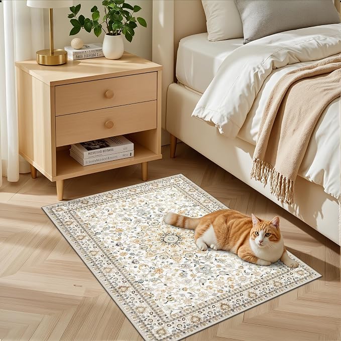 2x3 Area Rugs Living Room: Washable Vintage Rug for Bedroom Beige | Boho No Slip Stain Resistant Rug Soft Indoor Decor Floor Floral 2x3 Area Rugs for Dining Room, Nursery, Hallway, Home Office