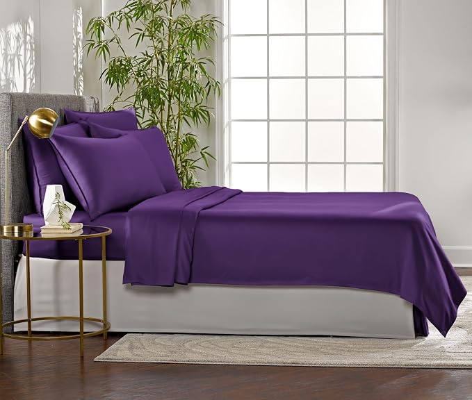 Pure Bamboo Queen Sheets, Genuine 100% Organic Viscose Derived from Bamboo Bed Sheet Set, Luxuriously Soft & Cooling, Double Stitching, 2 Year Quality Promise (Queen, Purple)