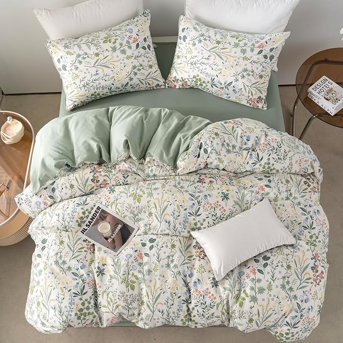 Floral Comforter Set Full Soft Bedding Comforter Set 3 Pieces Garden Style Green Red Flower Print Botanical Flowers Comforter Set for All Seasons 1 Comforter and 2 Pillowcases (Floral, Full)