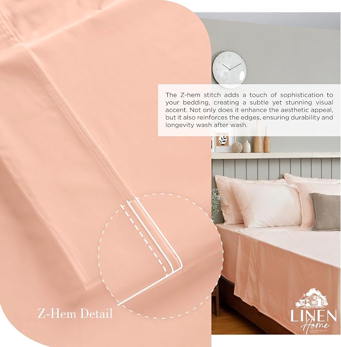 Linen Home 100% Cotton Percale Sheets California King Size, Tropical Peach, Deep Pocket, 4 Pieces Set- 1 Flat, 1 Fitted and 2 Pillowcases, Crisp Cool and Long Staple Strong Bed Linen