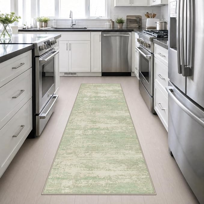 2.6x10 Washable Runner Rug:Modern Abstract Soft Carpet Green Cream | For Hallway, Bedroom, Kitchen, Laundry, Bathroom,Door Mat,Modern Abstract,Machine washable,Non-Slip,Stain Resistant,Indoor