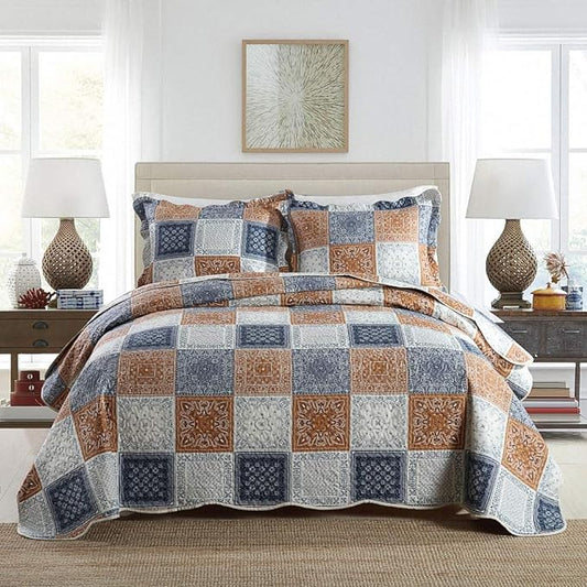 Quilt Bedspread Sets-Color Block Pattern Reversible Coverlet Set,Queen Size