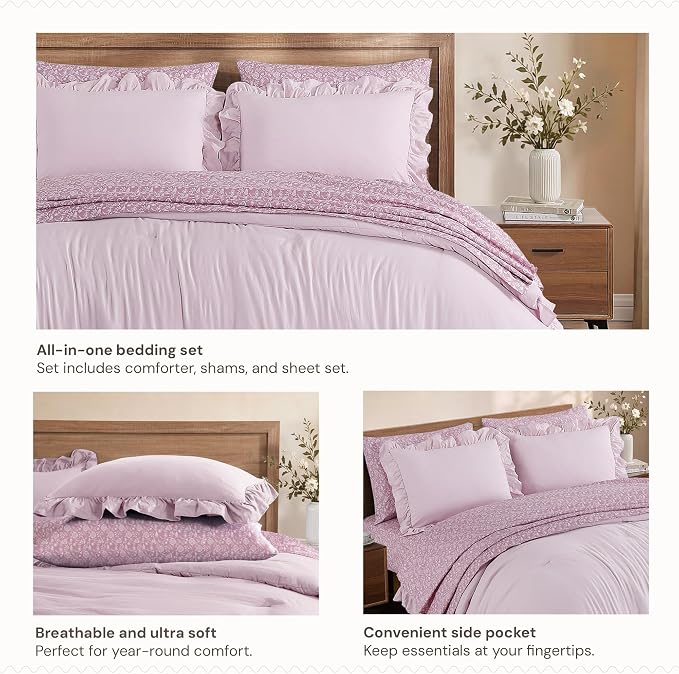 King Size Comforter Set-7 Pieces Ruffle Bedding Floral Sheet | Mauve Vine Bed in a Bag, Soft Lightweight All Season Farmhouse King Size Bedding Sets with Floral Sheets, Pillowcases & Shams