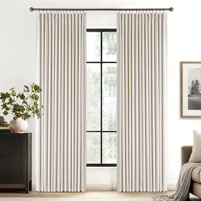 RYB HOME Linen Blackout Curtains 96 inches Long, 100% Blackout Noise Reducing Thermal Insulated Natural Textured Curtains for Farmhouse Dining Room, Cream White, 40" W x L96 L, 2 Panels Set