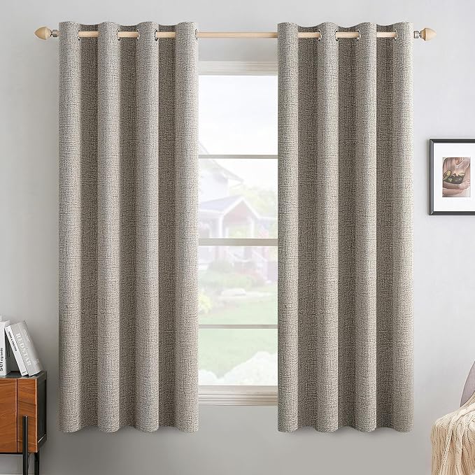 MIULEE 100% Blackout Linen Curtains for Bedroom 52x45 Inches Greige | Room Darkening, Light Blocking, Thermal Insulated, Grommet Top, Linen Textured, Window Curtains for Living Room, 2 Panels