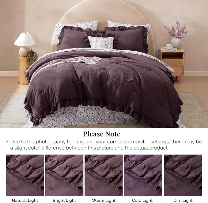 California King Comforter Set-7 Pieces Ruffle Bedding | Purple Bed in a Bag, Soft Lightweight All Season Farmhouse King Size Bedding Sets with Floral Sheets, Pillowcases & Shams