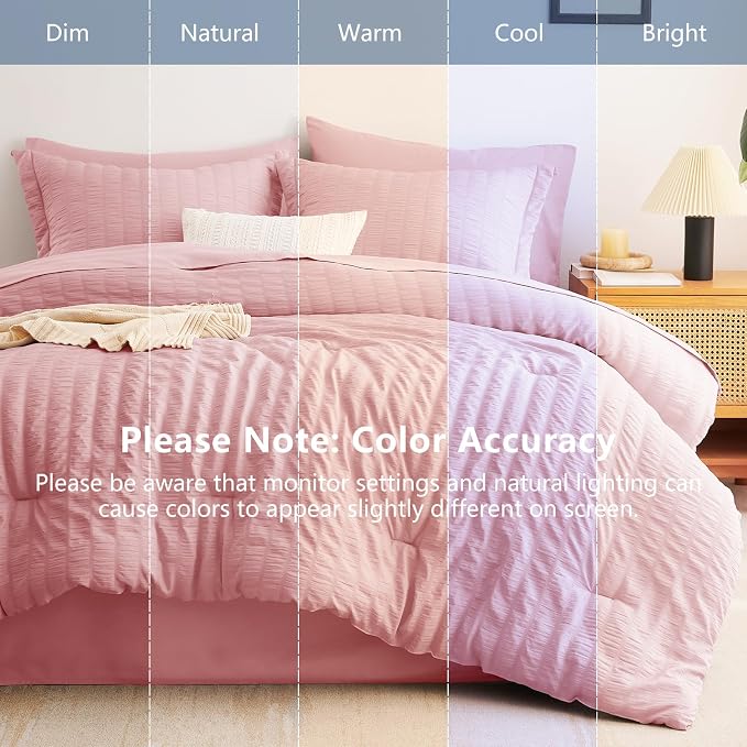 Queen Comforter Set, 7 Pieces Pink Seersucker Bed in a Bag | OEKO-TEX Certified, All Season Bedding Set with 240 GSM Down Alternative Comforter, Flat & Fitted Sheets, Pillowcases & Shams