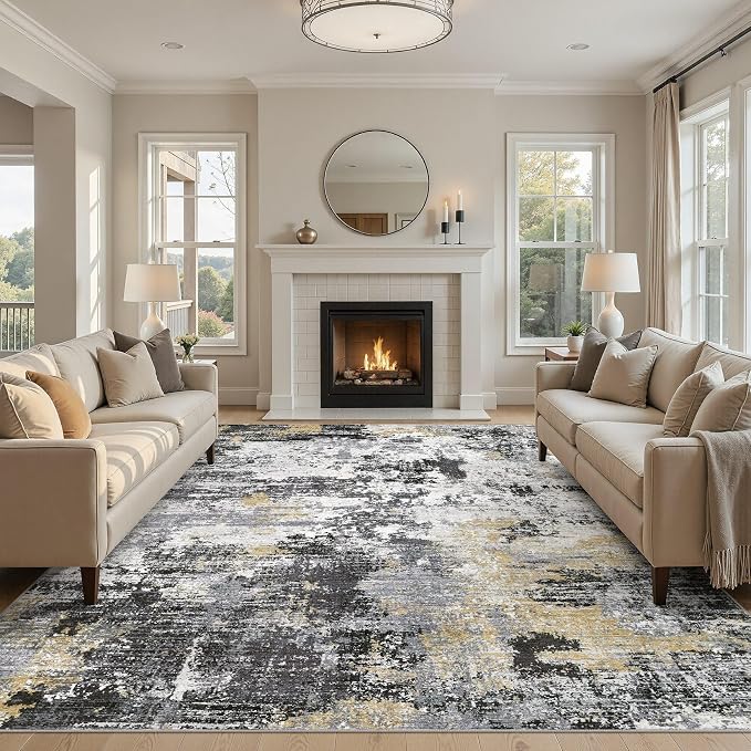 UERMEI 10x14 Area Rug for Living Room - Washable Neutral Modern Abstract Carpet, Non-Slip Soft Large Indoor Floor Rugs for Bedroom Home Office & Under Dining Table Decor, Black/White/Gold