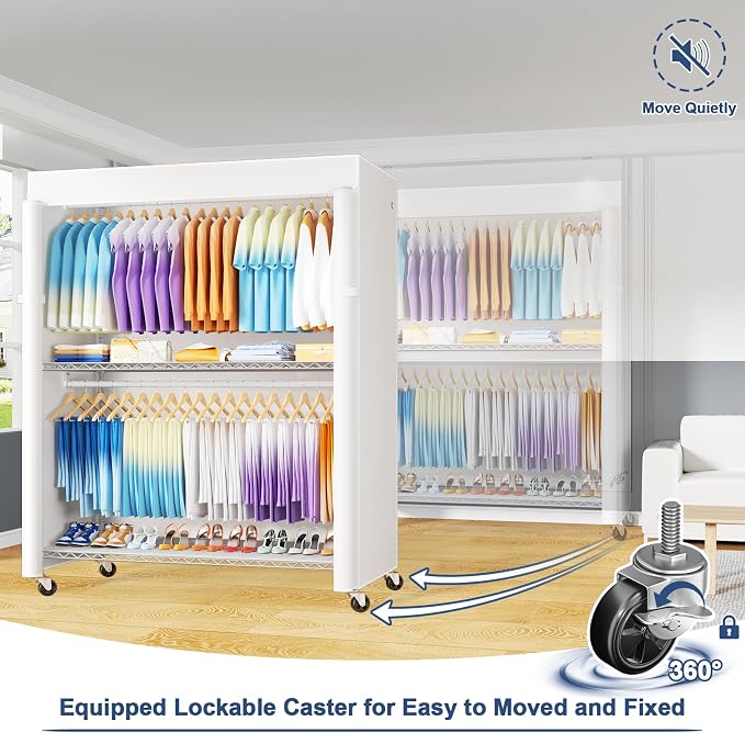P8C Max Heavy Duty Clothes Rack（With Extended Width Design） Rolling Clothing Racks for Hanging Clothes with Lockable Wheels，51.2"W x 15.8"D x 80.5"H，Load 800LBS，White Rack with White Cover