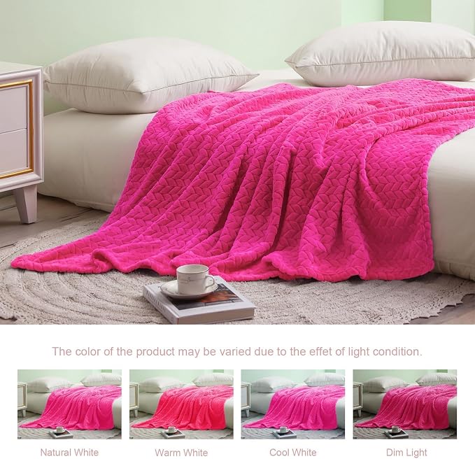 Exclusivo Mezcla Fleece Throw Blanket for Couch Sofa, 50”x70”, Hot Pink | Oversized Soft Cozy Fluffy Blankets for Summer, Decorative Plush Flannel Throws for Living Room, Bedroom with Leaves Pattern