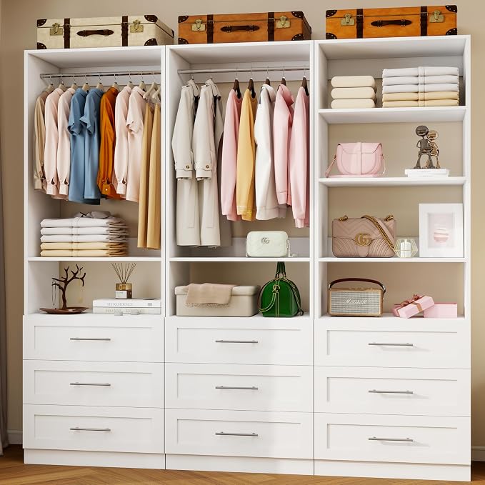 Closet System with 3 Sets, 6–15 FT Closet Organizer System with 9 Drawers, 6 Shelves & 5 Rods, Walk-In Modular Closet System, Custom Built-In Closet Kit, White
