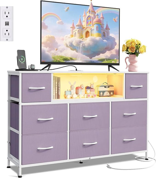 WLIVE LED Dresser TV Stand for 55 Inch TV, 8 Drawers, Purple | Fits TVs up to 55 inch, 8 fabric drawers, LED chest of drawers, Built-in power outlet, Living room or bedroom