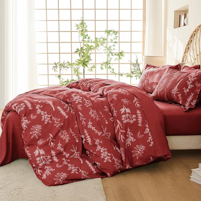 MUXHOMO Duvet Cover Queen Size, Reversible Floral Terracotta Duvet Cover Set with Zipper Closure, 3 Pieces Botanical Patterns Soft Microfiber Bedding Set with 4 Ties (90"x90", 2 Pillow Cases)