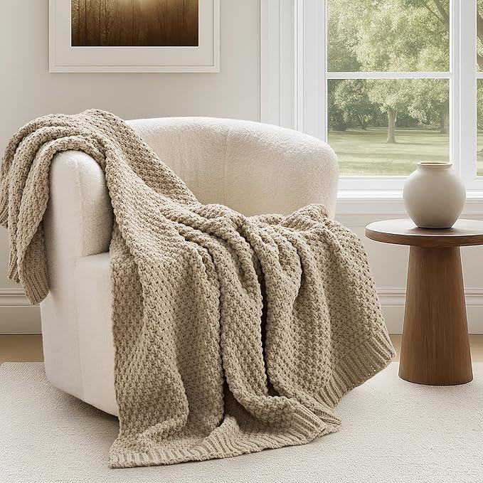EVERGRACEHOME Chunky Chenille Knit Throw Blanket, 60 x 80, Sand Dune | Sculpted Moss Stitch, Chic Modern Farmhouse, All-Season Warmth, OEKO-TEX® Certified, Elegant Blanket for Couch, Bed, Sofa