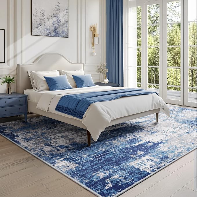 RELEANY Washable 6'x8' Abstract Area Rug for Living Room Blue Gray | Carpet for Bedroom, Kitchen, Office, Hallway and Entryway, Printed Pattern, Non‑Slip, Soft, Stain‑Resistant, Easy to Clean