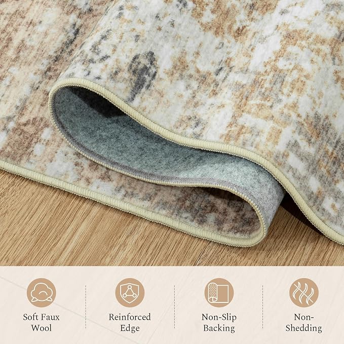 Rugflix 8x10 Area Rugs for Living Room, Washable Gold Beige Grey Large Rug | Machine Washable; Stain-Resistant; Low Pile; Non-Slip; Modern Abstract; Carpet for Bedroom Dining Office Nursery Home