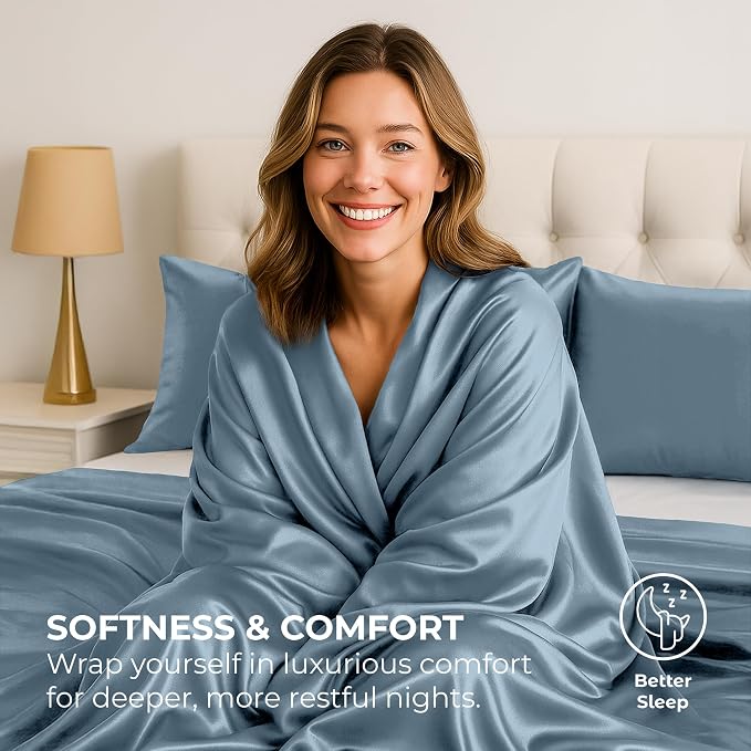 Satin Sheets Full [4-Piece, Skyblue] Hotel Luxury Silky Bed Sheets - Extra Soft 1800 Microfiber Sheet Set, Wrinkle, Fade, Stain Resistant - Deep Pocket Fitted Sheet, Flat Sheet, Pillow Cases