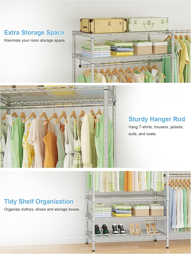 Ulif E11 Heavy-Duty Garment Rack, Metal Clothes Rack, Load 1034lbs, Chrome | Freestanding Expandable Closet Storage Organizer System with 8 Shelves and 4 Hanger Rods, (73.2-97.6)"W x 14.5"D x 71.2"H