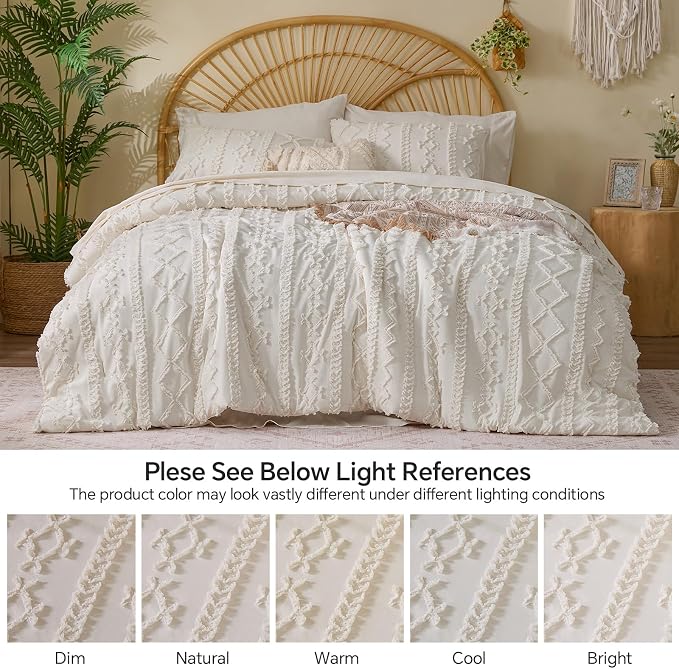 BEDELITE Twin XL Comforter Set 5 Pieces,Boho Bed in a Bag,Cream White | Tufted Bed Set for All Seasons,Soft Farmhouse-Style Embroidery Bedding,Includes Flat & Fitted Sheets,1 Pillowcase & 1 Sham